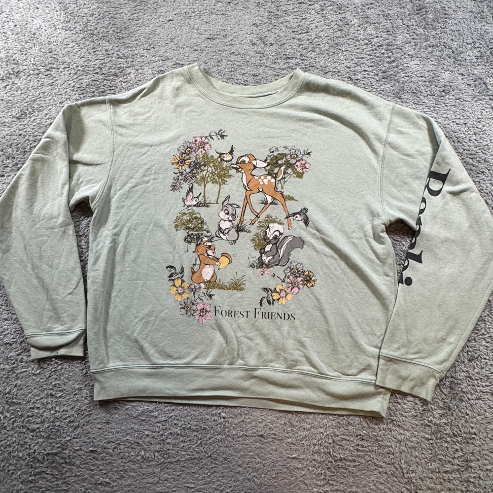 Disney Bambi Forest Friends Sweatshirt XL Light Green Sleeve Print Pullover GUC